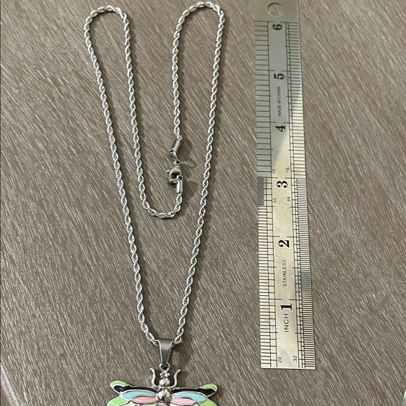 Artisan Silver Dragonfly Necklace with Pink and Green Accents - Picture 10 of 10
